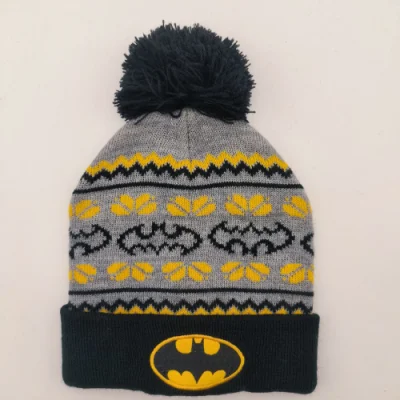 Chapéu de tricô de 4 cantos acrílico de 3 cores do Batman Winter com pompom de lã